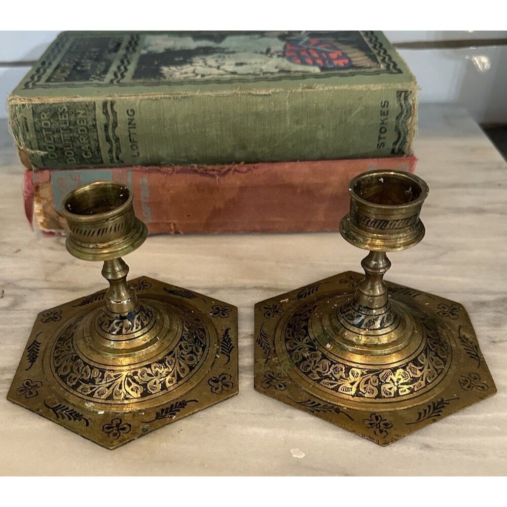 Rare Vintage Pair of Brass Candlesticks with etched Floral Flowers India